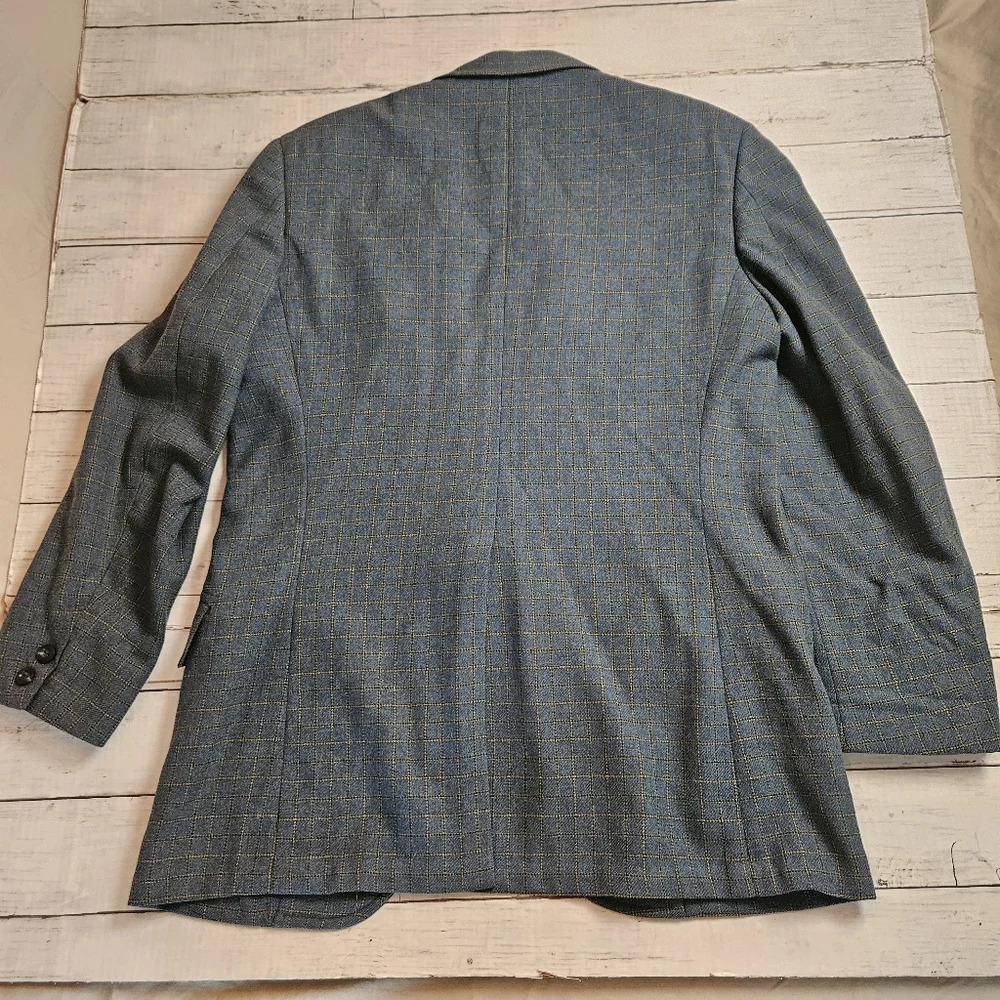 Vintage 90s Blue Wool Windowpane Blazer 40R Gano Downs‎ Avant Wool Academia